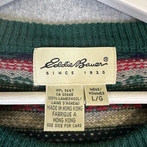 Eddie Bauer Men’s Size Large Vintage 100% Lambs Wool Striped Knit Winter Sweater - Picture 2 of 7